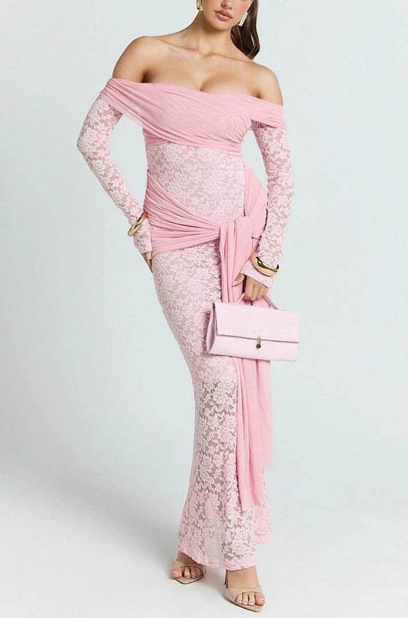 Sheath Maxi Lace Semi Formal Wedding Guest Dresses 984190843772 - COCOMELODY